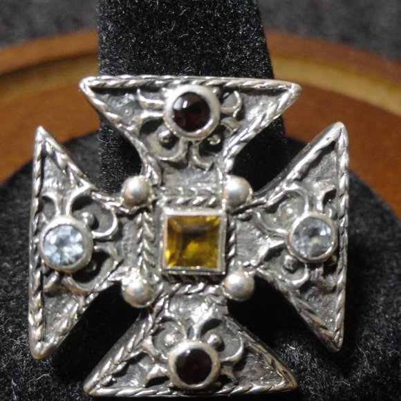 Sterling Silver 925 Iron Cross Pendant W/ Citrine,Garnet,Blue Topaz Crys… - Picture 2 of 5
